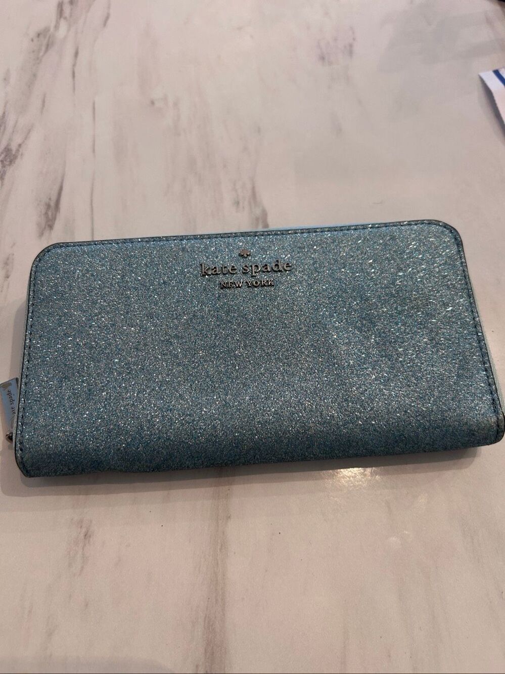 Kate Spade Tinsel Frosty Sky Large Zip Around Continental Wallet sparkly blue